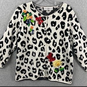 Marisa Christina Black and White Knit Cardigan with Floral Applique